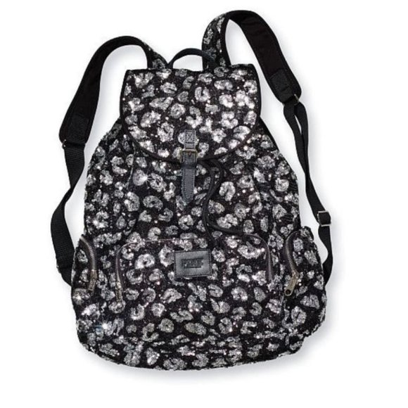 PINK Victoria's Secret Handbags - Victoria's Secret PINK Bling Black Leopard Backpack with Sequins *RARE*